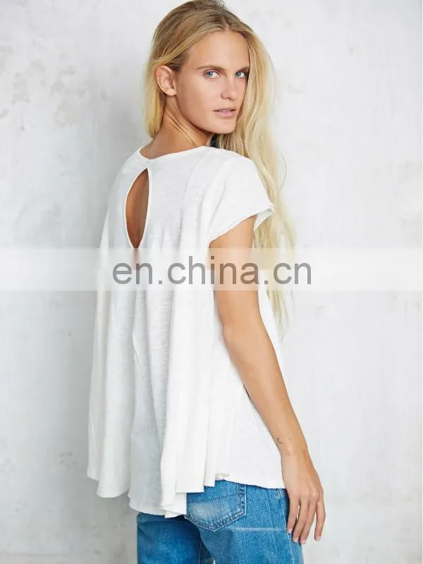 Short sleeve cotton jersey plain color ladie back cutout tops,high quality babydoll shirt