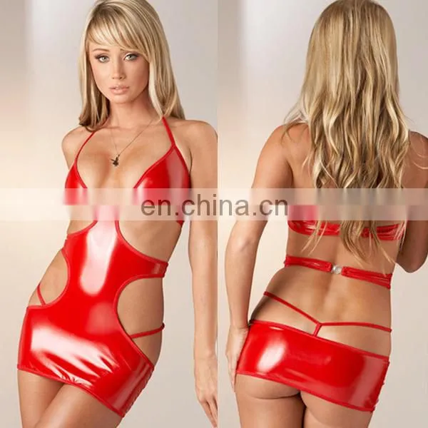 Sexy lingerie red leather bodycon dress in stock, professional sexy costume manufacturer