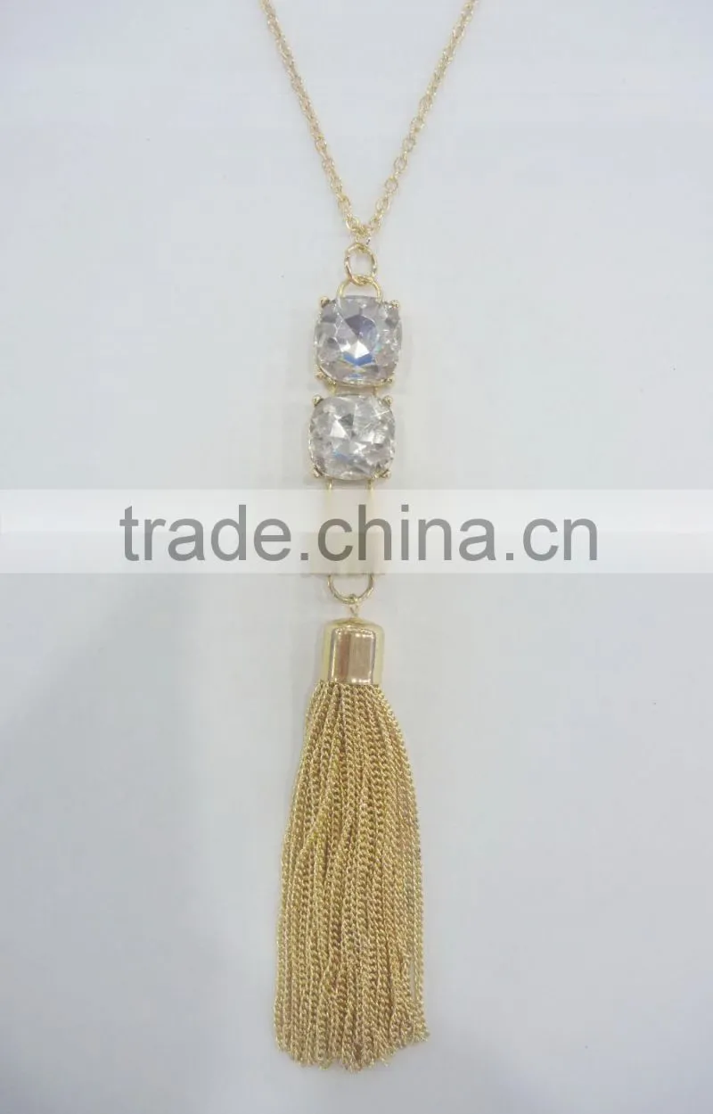 FASHION BIG GLASS STONE CHAIN TASSEL NECKLACE
