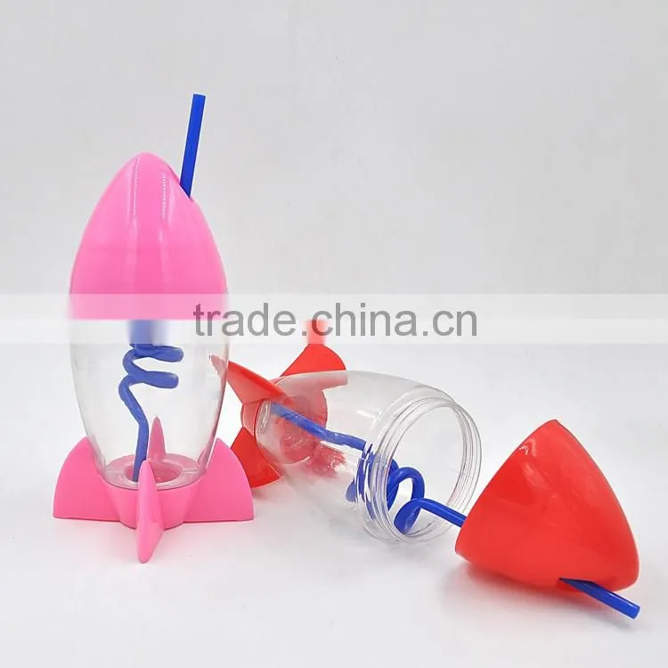 Reusable Creative Joyshaker Rocket Water Bottle, Plastic Cup With Straw For Kids