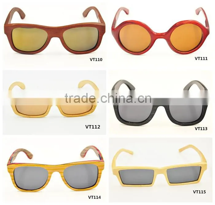 2016 round square retro UV400 color lens design bamboo wooden polarized sunglasses quality