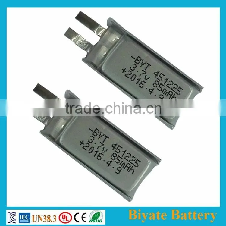 451225 3.7v rechargaeble 85mah li-polymer small lipo battery