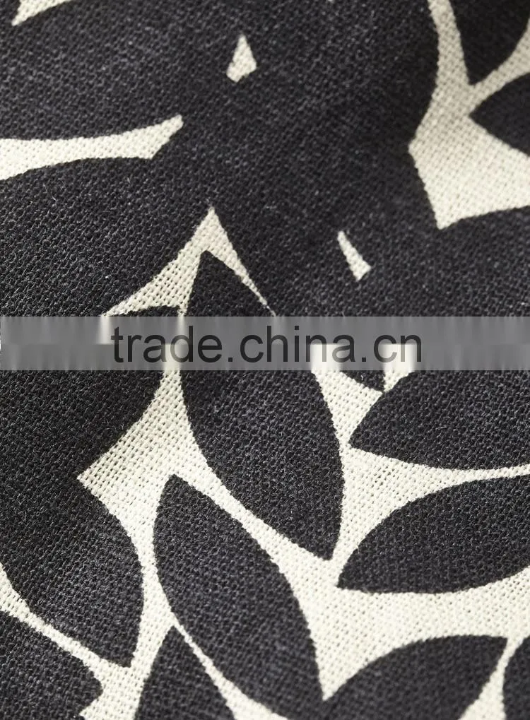 2015 European Lady Fashion Linen Leaf Printed Midi Skirt