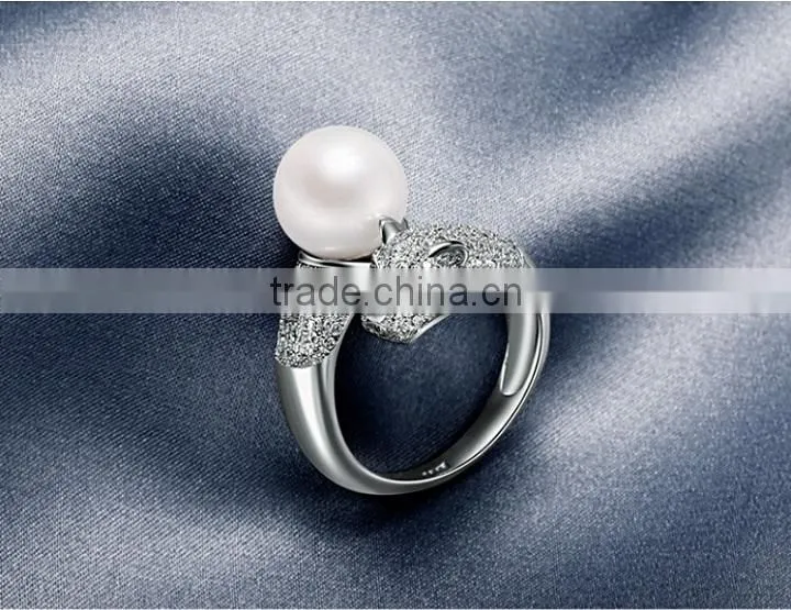 925 sterling silver adjustable leopard head ring with pearl