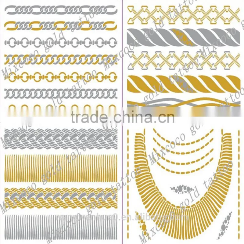 Mixcoco metallic tattoo supply, custom body jewelry temporary metallic tattoo/water transfer printing gold tattoo