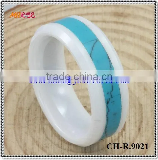 Fashion larimar inlay white ceramic ring jewelry