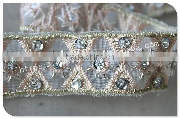 Elegant design 2.5cm width champagne crystal trim bridal embrodiery