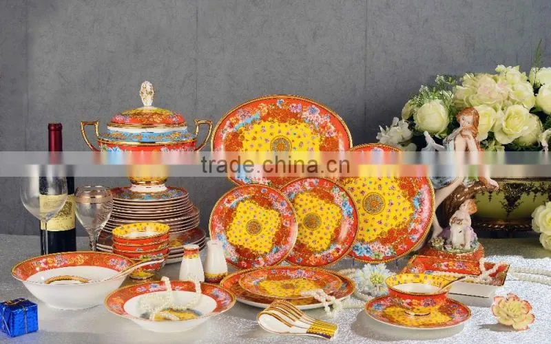 Chinese style traditionl red color flowers pattern 43pcs bone china dinnerware set