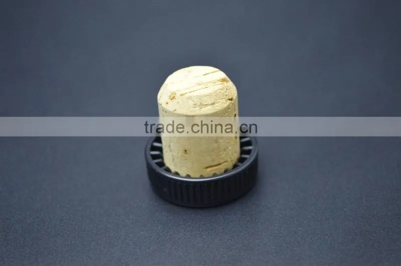 Black plastic cap with wood cork glass bottle T-shape stopper