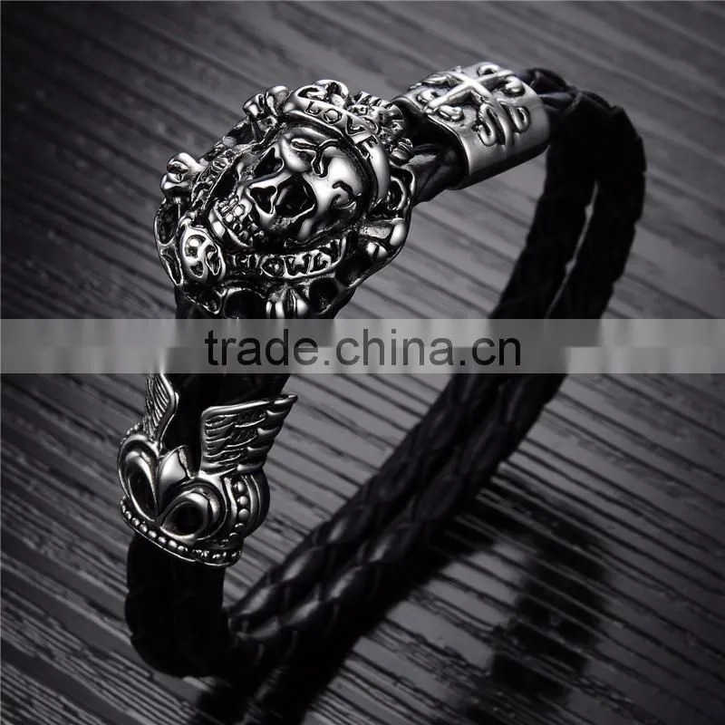 New trending skull style stainlesss steel genuine leather bracelet men