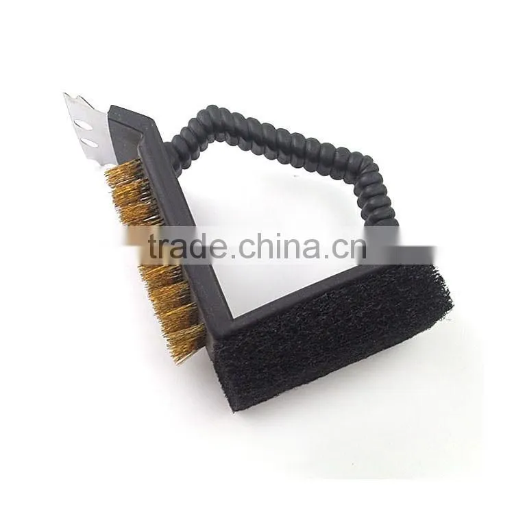 3 in 1 bbq cleaning brush with metal scraper for outdoor grill