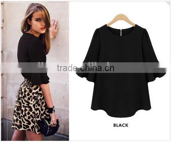 XXXL 4XL 5XL Plus Size Women Clothing Flare Sleeve Feminine Chiffon Blouse Korean Fashion blusa feminina 2015 Summer Black Red