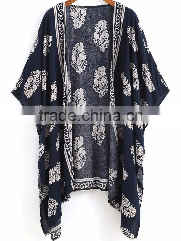 2017 Women Casual Navy Vintage Floral Loose Kimono With Asymmetrical Hem Ladies Summer Beachwear