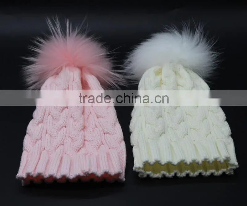 Children Fur Pompom Hat Baby Boys Girls Winter Beanie Hats Wool Knitted Caps For Kids 2016 Hot Sale