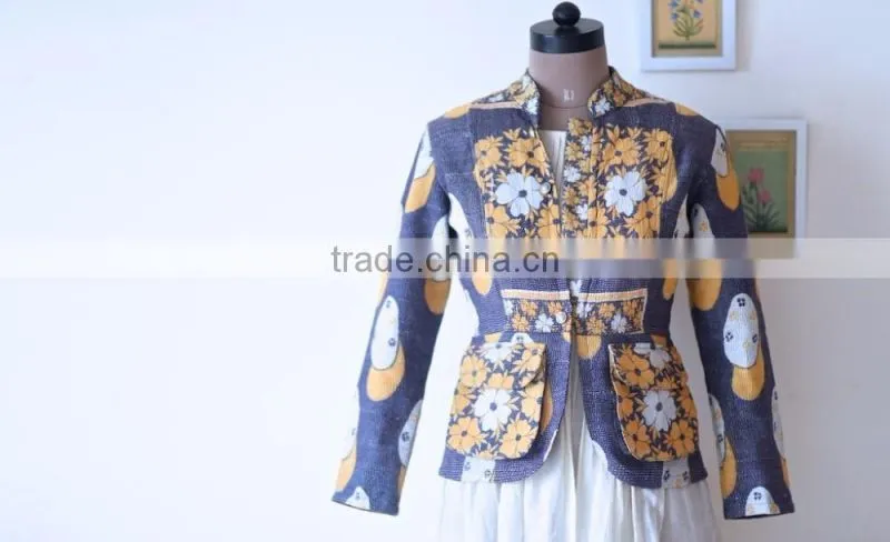 Denim Jacket in Kediyu Style with Vintage Kantha Fabric ~ Medium
