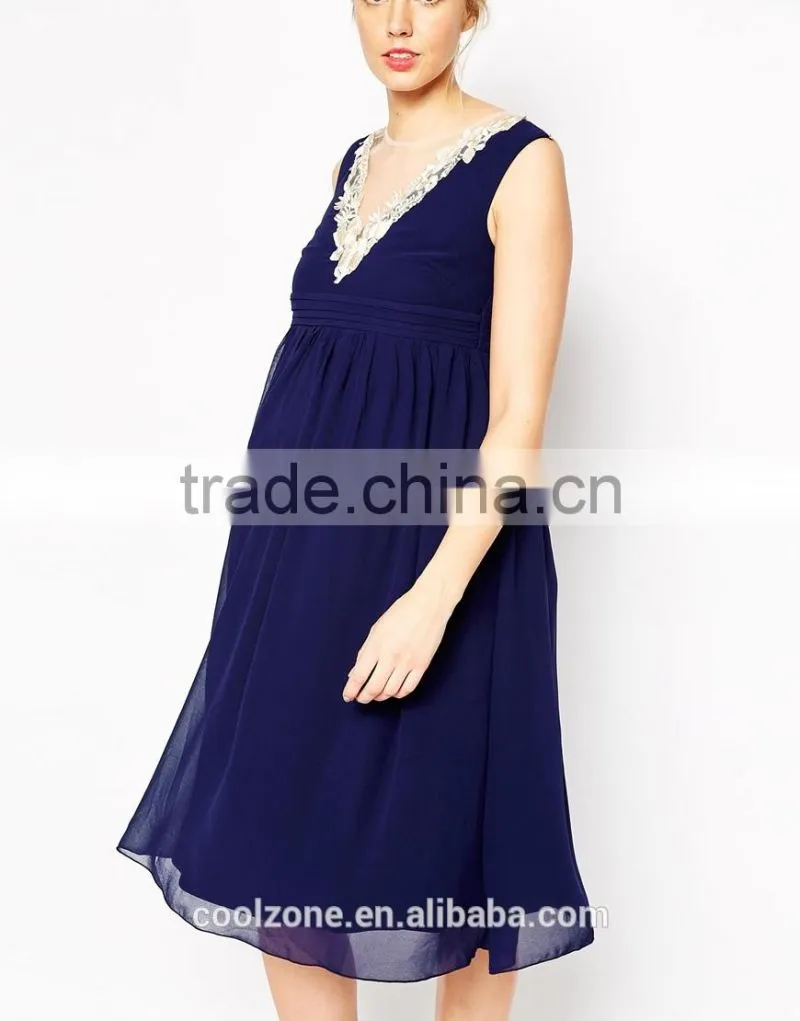 2015 Fashion sleeveless embrodiery neck chiffon dress for maternity clothes
