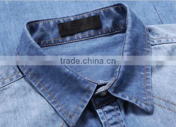 European fashion style Light blue 100%Natural Cotton soft Denim/Retro Cowboy Shirt for men with S,M,L,XL,XXL peaked collar