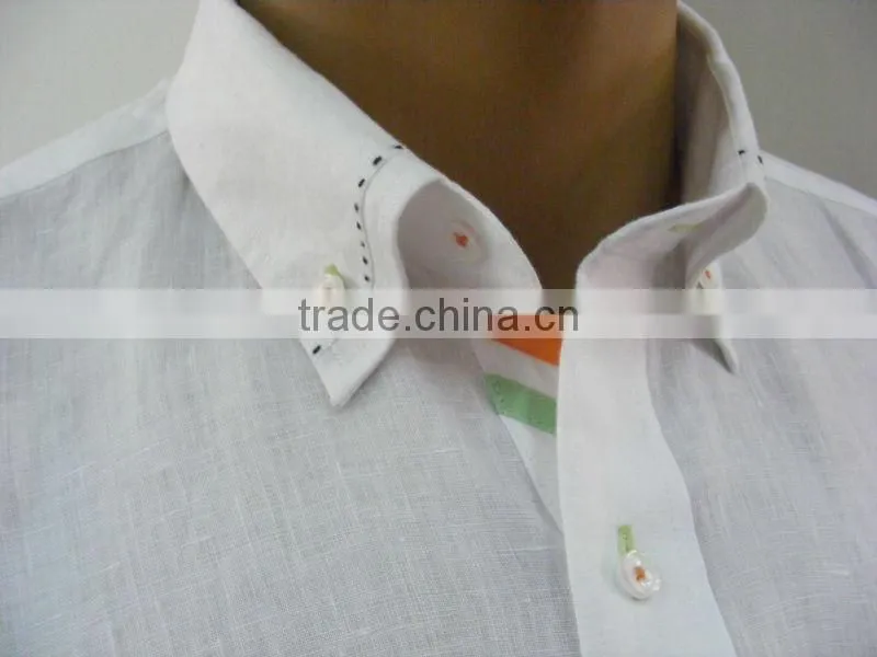 2016 pick stitch saddle stitch button down collar men's contrat color linen dress shirt
