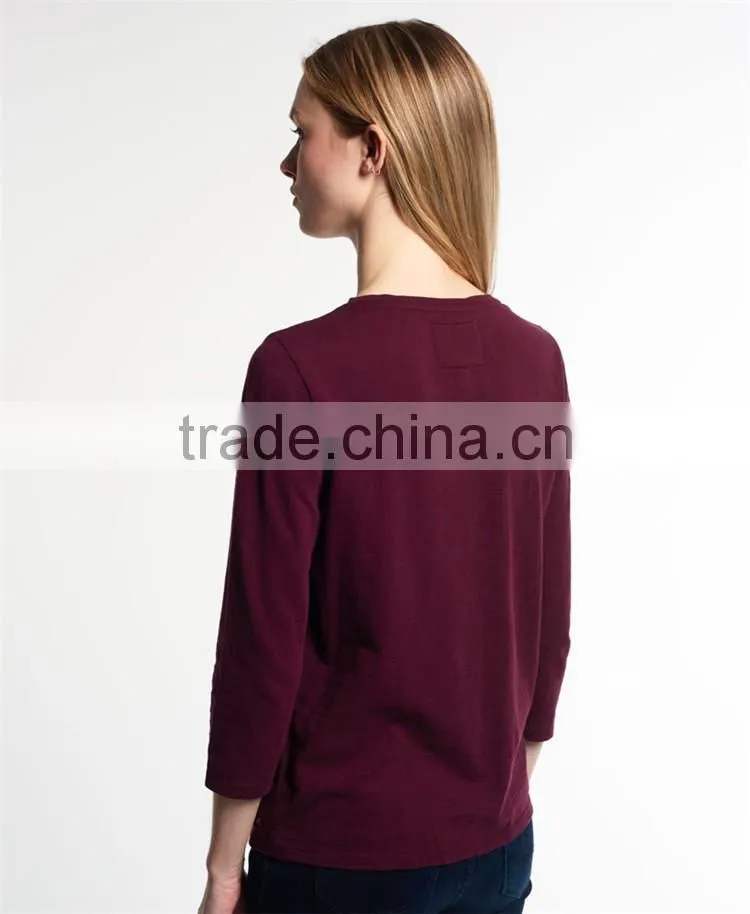 2017 Hot Selling Guangzhou Shandao New Style Women Autumn Casual Wine Red 3/4 Sleeve Round Neck Embroidered Rayon Tops