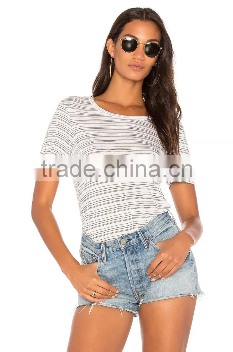 2017 Guangzhou Shandao Casual Summer 160g 100% Cotton Women O-Neck Short Sleeve Wholesale Striped T-Shirt