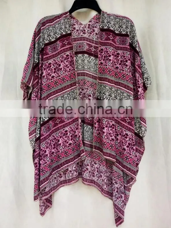 Hot sale fashion printed open kimono for women viscose cotton soft blouses