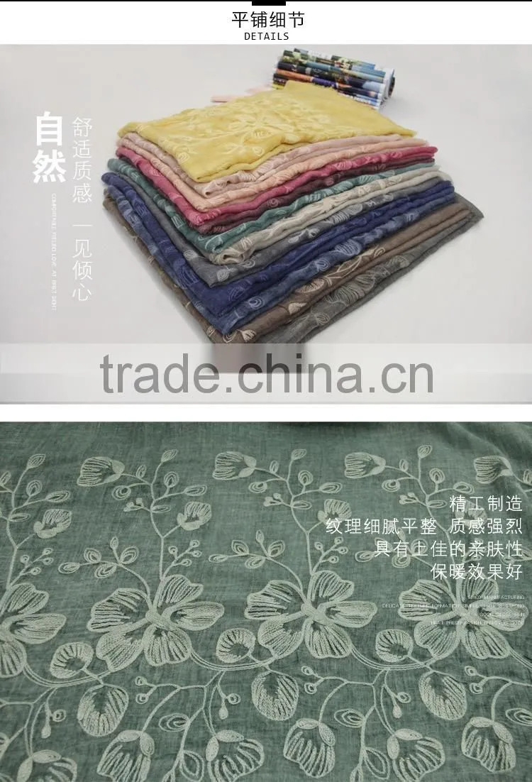 New fashion custom embroidery flower plain dyed linon viscose hijab scarf