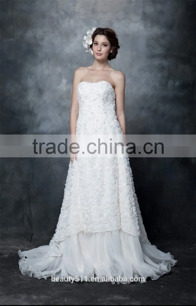Gorgeous A-line Strapless Chapel Train Pleated Organza and Satin Wedding Dress AS29002