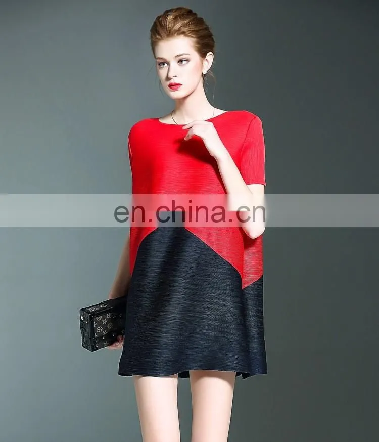 2016 plus size women clothing pleats issey contrat colors lady summer dresses