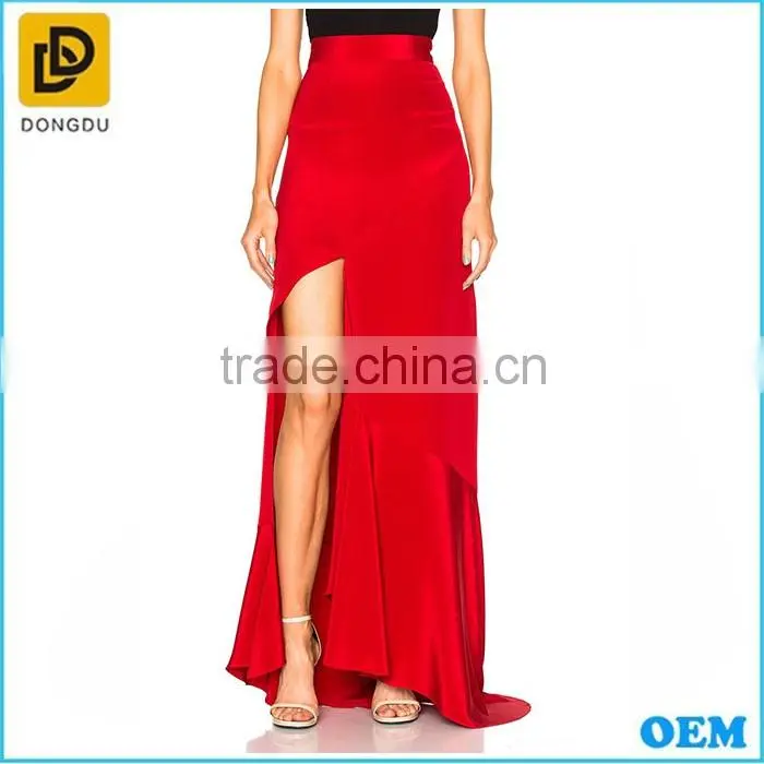 2016 High quality Hot sexy silk stain red long slipt skirt