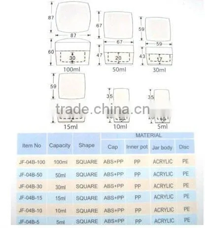 5ml 10ml 15ml 30ml 50ml 100ml acrylic square double wall plastic black cap cream jar
