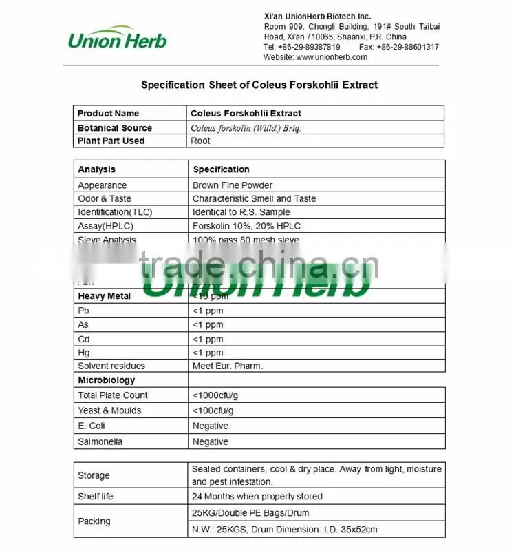 Coleus Forskohlii Extract with Forskolin 10%, 20% from Indian Coleus Forskolin Root