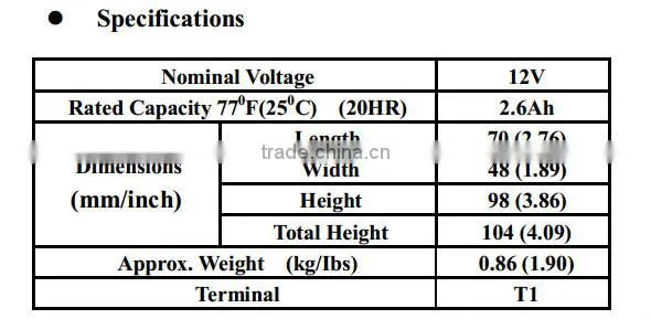 SEALED LEAD ACID SECURITY BATTERY 12V 2.6AH