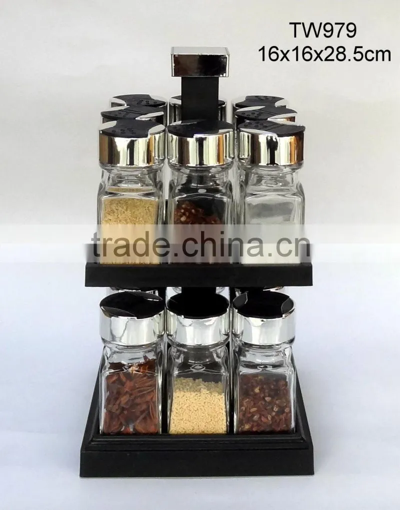 TW982 16pcs glass spice shaker spice jar with plastic lid and rack