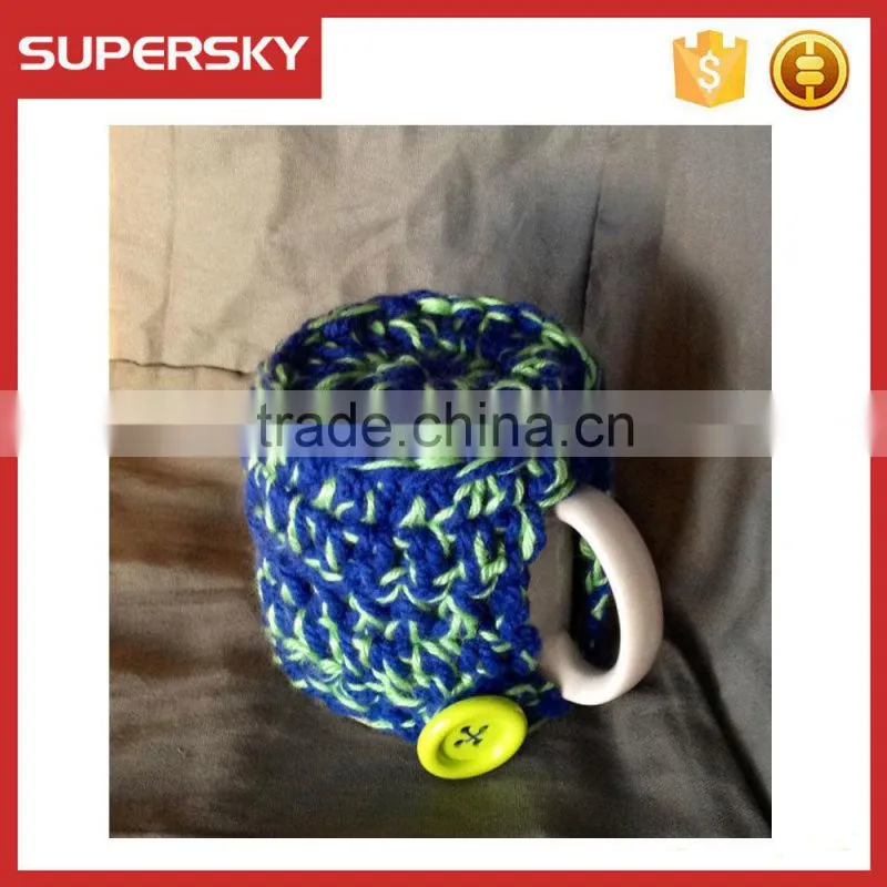 V-65 Blue and green crochet knit sleeve warmer cup mug sweater with greeen button