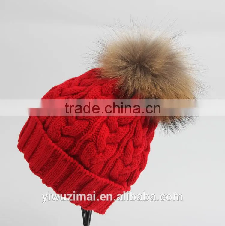2015 new designed women raccoon fur ball twist wool hat ladies fashion winter knitted warm hats