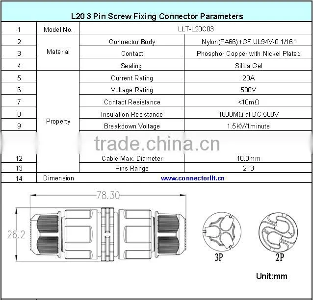 3 contact L20 weatherproof screw pins waterproof connector