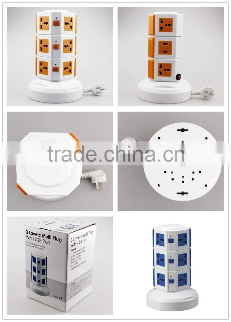 ME-S3 Three Layers Overload protection Vertical Rotary Socket with 5 Meters line 2 USB