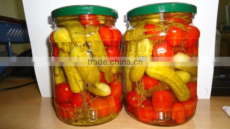 Pickled asorted cherry tomatoes and baby cucumbers