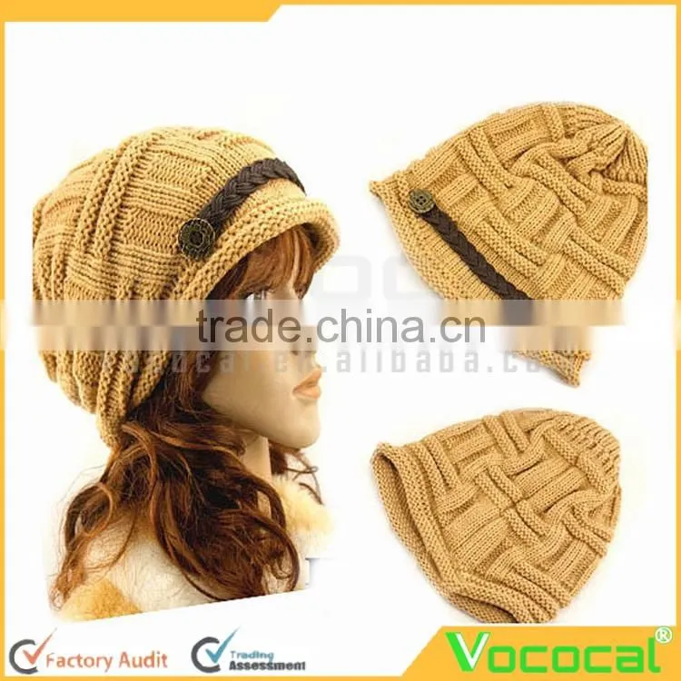 Fashion Khaki Woolen Yarn Warm Women Knitted Beanie Hat