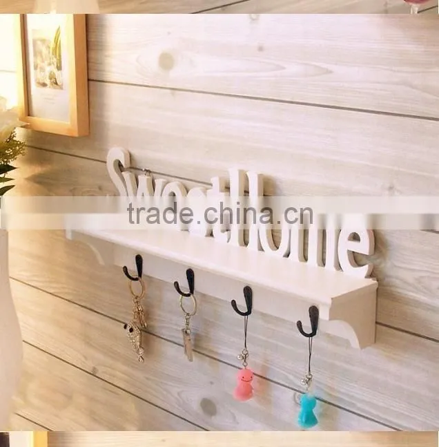 Simple letters wooden wall shelf with 4 hook