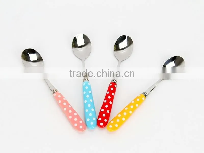 Stainless Steel white polka dot of ceramic handle Zakka spoon and fork