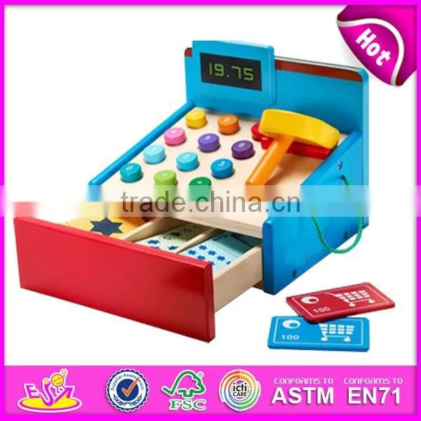 2017 new design pretend play toy wooden kids cash register for sale W10A065