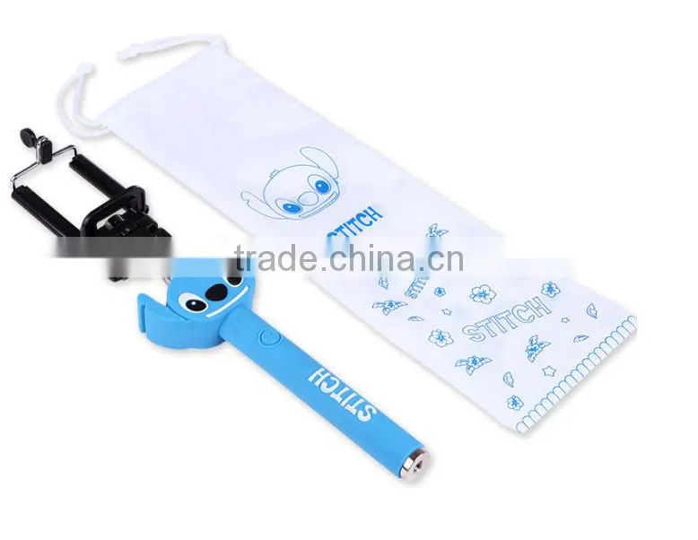 cute cartoon design handheld extendable Cable Take Pole selfie stick/ cartoon monopod