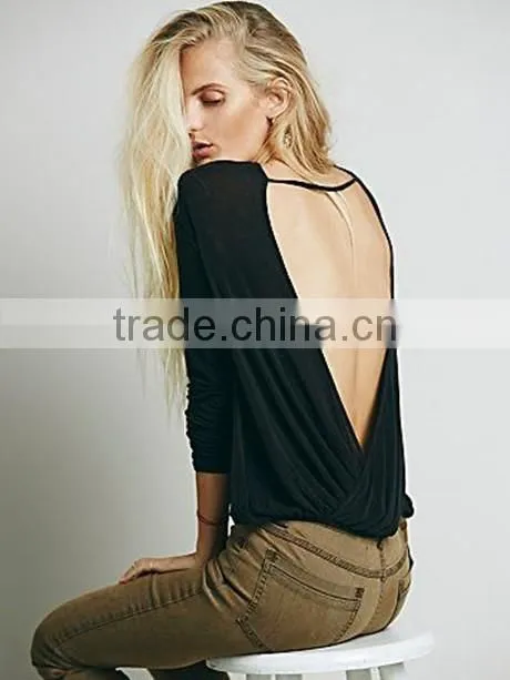 Sexy Women Ladies Crew Neck Backless Casual Long Sleeve Cotton T-Shirt Blouse Tops
