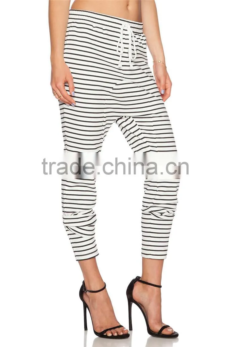 Drop crotch fashion striped drawstring jogger trousers women