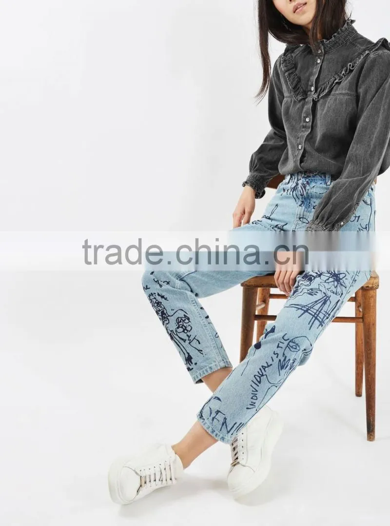 Ladies Fashion 100% Cotton Colored Blouse Frill Denim Shirts