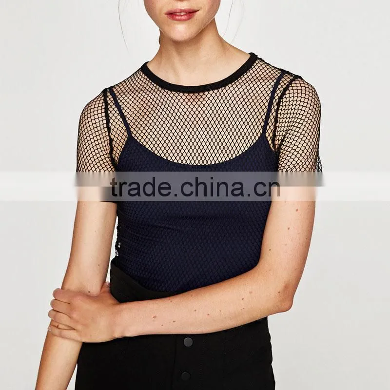 Wholesale Women Custom Top Casual Woman Mesh Short Sleeve knitted T-Shirt China Supplier