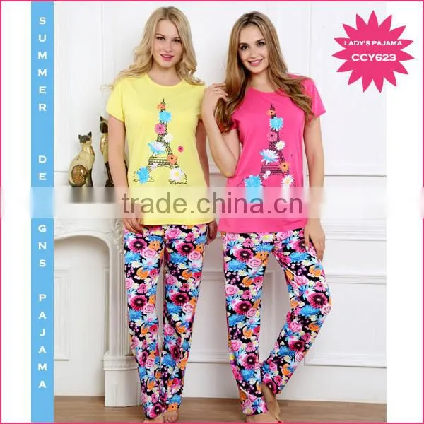 Wholesale 2015 s/s cvc printing design long pants pyjamas for women