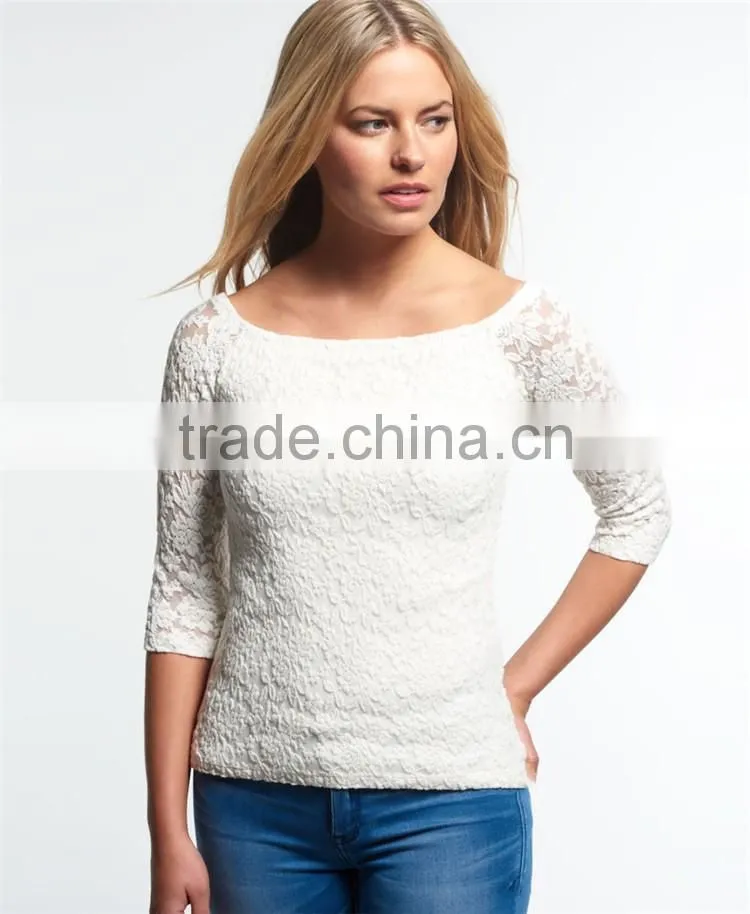 2016 Guangzhou Shandao Hot Selling New Arrivals Summer Casual Fat Women 3/4 Sleeve White Boat Neck Slim Lace Plus Size Top