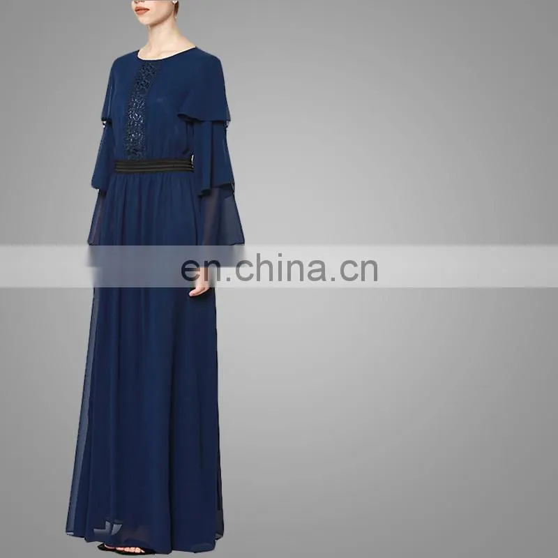 New Arrival Navy Blue Ruffled Sleeves Muslim Women Clothing Chiffon Maxi Dress